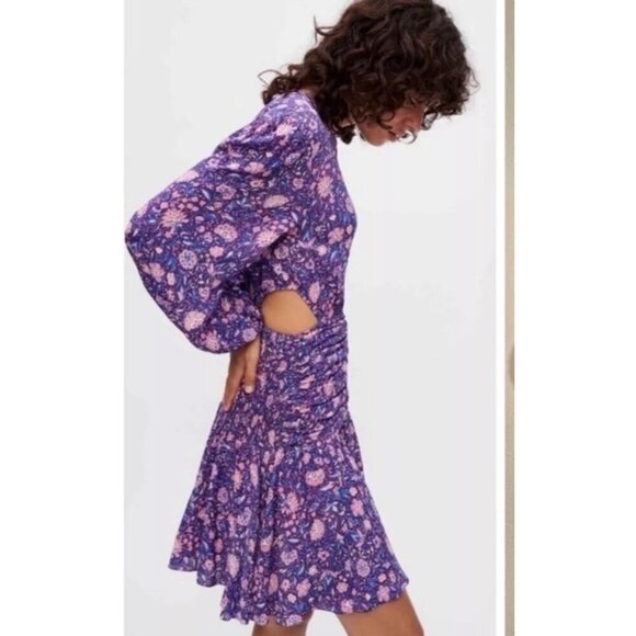 Maje Floral Mini Dress Size 38 UK 10 $445 Purple Georgette Smocked Cut Out Boho - Picture 3 of 16
